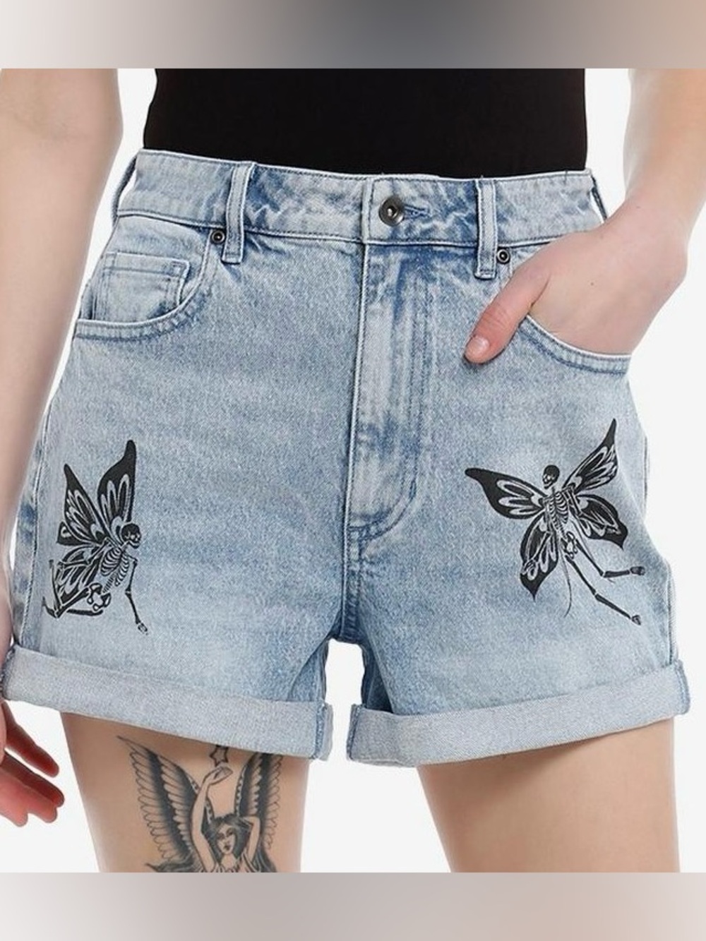 Hot Topic Thorn & Fable® Skull Fairy High-Waisted Denim Shorts Blue‎ Juniors 7